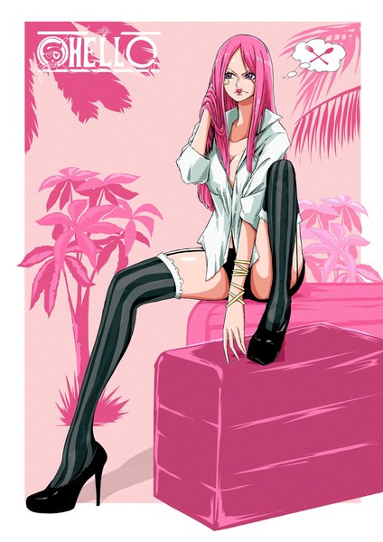 Anime picture 1448x2048 with one piece toei animation jewelry bonnie sherumaru (korcht06) single long hair tall image fringe breasts light erotic sitting purple eyes looking away pink hair cleavage full body high heels lipstick piercing border