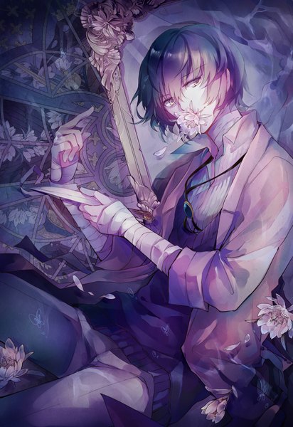 Anime picture 1238x1800 with bungou stray dogs studio bones dazai osamu (bungou stray dogs) eveshut single tall image fringe short hair hair between eyes brown hair yellow eyes looking away open collar flower in mouth boy flower (flowers) shirt petals bandage (bandages) knife