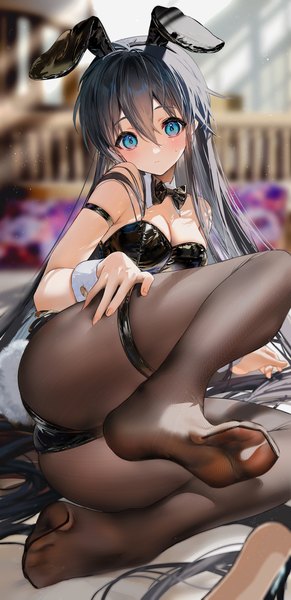 Anime picture 1697x3500 with houshin engi taikoubou mimoza (96mimo414) single tall image looking at viewer blush fringe breasts blue eyes light erotic black hair hair between eyes animal ears cleavage ass tail very long hair head tilt animal tail
