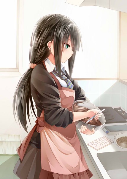 Anime picture 857x1200 with original creek (moon-sky) single long hair tall image blue eyes black hair profile cooking girl food sweets apron hair tie chocolate kitchen stove