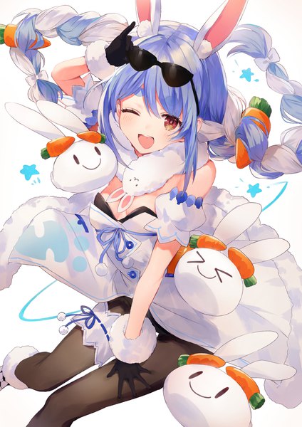 Anime picture 2046x2894 with virtual youtuber hololive usada pekora usada pekora (1st costume) don-chan (usada pekora) nousagi (usada pekora) sirentab single tall image looking at viewer highres open mouth light erotic red eyes animal ears blue hair cleavage braid (braids) one eye closed multicolored hair