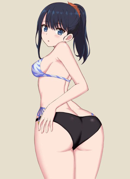 Anime picture 1240x1700 with gridman universe ssss.gridman studio trigger takarada rikka xingnai single long hair tall image looking at viewer blush fringe breasts open mouth blue eyes light erotic black hair simple background hair between eyes standing ass
