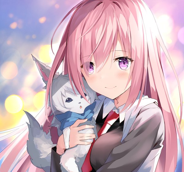 Anime picture 1157x1086 with fate (series) fate/grand order mash kyrielight fou (fate) rin yuu single long hair looking at viewer blush fringe simple background smile purple eyes pink hair upper body hair over one eye alternate hairstyle alternate hair length girl necktie