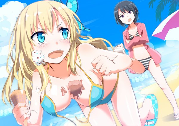 Anime picture 1157x818 with boku wa tomodachi ga sukunai kashiwazaki sena mikazuki yozora gotyou long hair blush fringe short hair open mouth blue eyes light erotic black hair blonde hair purple eyes multiple girls girl hair ornament ribbon (ribbons) 2 girls swimsuit