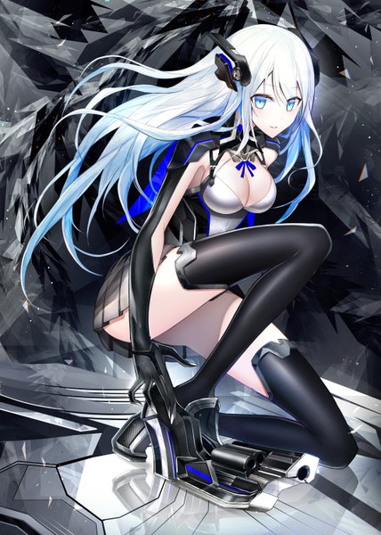 Anime picture 1071x1500 with original legacy single long hair tall image looking at viewer blush fringe breasts blue eyes light erotic smile hair between eyes large breasts blue hair cleavage full body bent knee (knees) white hair pleated skirt