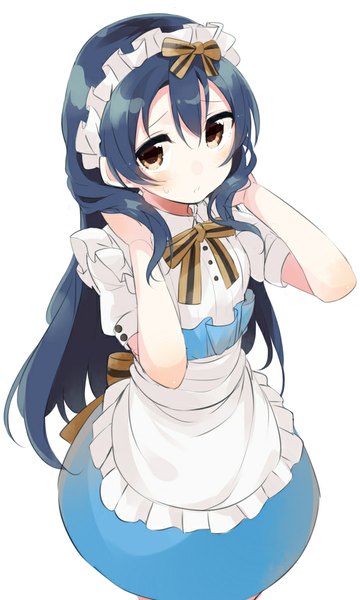 Anime picture 597x994 with love live! school idol project sunrise (studio) love live! sonoda umi totoki86 single long hair tall image looking at viewer blush breasts simple background white background brown eyes blue hair maid embarrassed flat chest arms behind head pale skin