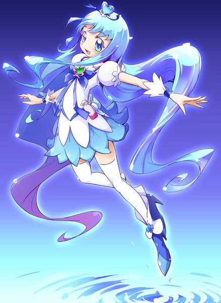 Anime picture 640x876 with precure heartcatch precure! toei animation kurumi erika cure marine mousoup single tall image looking at viewer fringe open mouth blue eyes simple background payot blue hair very long hair puffy sleeves spread arms purple background magical girl