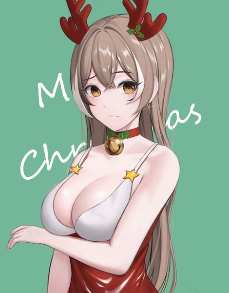 Anime picture 5240x6695 with virtual youtuber hololive hololive english nanashi mumei merrick single long hair tall image looking at viewer fringe highres breasts light erotic simple background hair between eyes brown hair large breasts bare shoulders brown eyes absurdres