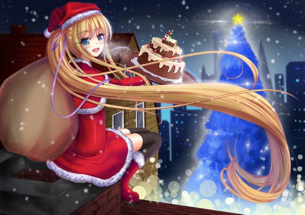 Anime picture 1600x1131 with original rayxray single long hair blush fringe open mouth blue eyes blonde hair sitting bent knee (knees) very long hair looking back wind blurry fur trim lens flare snowing christmas winter
