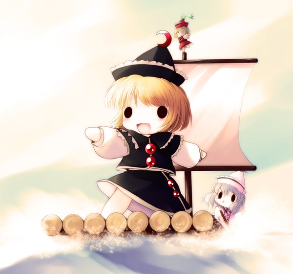 Anime picture 1500x1400 with touhou lunasa prismriver lyrica prismriver merlin prismriver yume shokunin short hair open mouth blonde hair multiple girls white hair spread arms chibi solid eyes girl hat water 3 girls