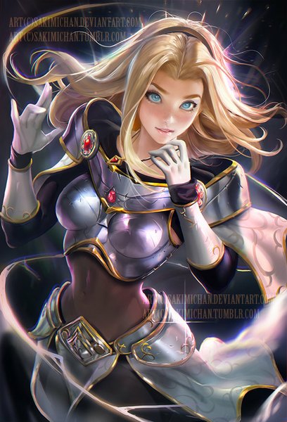 Anime picture 600x882 with league of legends lux (league of legends) sakimichan single long hair tall image looking at viewer blue eyes blonde hair smile realistic bare belly lipstick watermark pink lipstick girl gloves white gloves armor pendant