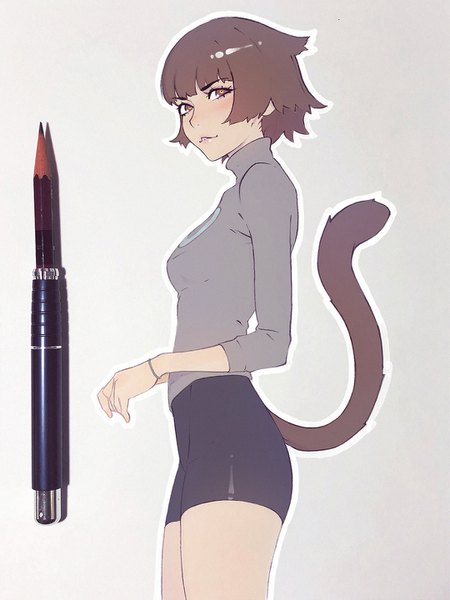 Anime-Bild 1080x1440 mit original ilya kuvshinov single tall image fringe short hair simple background brown hair standing brown eyes tail animal tail cat tail outline photo (medium) girl shorts turtleneck bike shorts