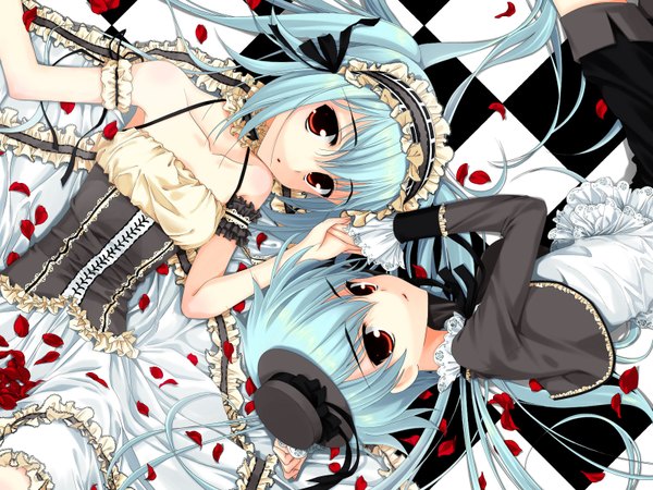 Anime picture 1600x1200 with original murohime oruko long hair looking at viewer short hair twintails bare shoulders lying parted lips aqua hair orange eyes holding hands checkered floor lolita fashion floor checkered goth-loli girl dress boy