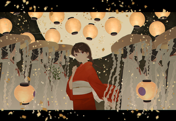 Аниме картинка 5000x3432 с оригинальное изображение ktym 777 длинные волосы высокое разрешение красные глаза каштановые волосы несколько девушек смотрит в сторону absurdres коса (косы) традиционная одежда японская одежда две косички letterboxed мико девушка шляпа кимоно луна оби