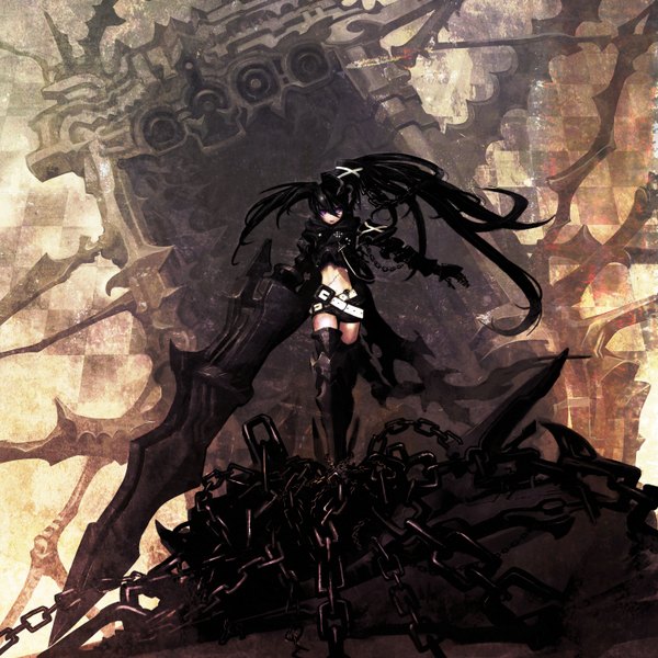 Anime picture 3000x3000 with black rock shooter insane black rock shooter huke long hair highres black hair purple eyes twintails scar rock girl weapon sword shorts chain bikini top