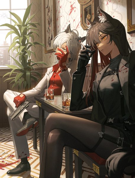 Anime picture 2858x3752 with arknights texas (arknights) lappland (arknights) jira long hair tall image highres blue eyes black hair multiple girls animal ears looking away white hair indoors orange eyes crossed legs wolf ears wolf girl bloody clothes blood stains