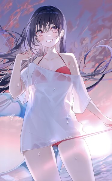 Anime picture 1871x3008 with original miwano rag single long hair tall image looking at viewer blush fringe highres light erotic black hair smile hair between eyes standing sky cloud (clouds) outdoors pink eyes wind scan