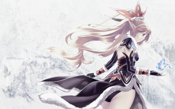 Anime picture 1920x1200 with agarest senki i.s.w hirano katsuyuki single long hair highres light erotic blonde hair wide image standing ass pointy ears wallpaper floating hair magic elf girl hair ornament detached sleeves