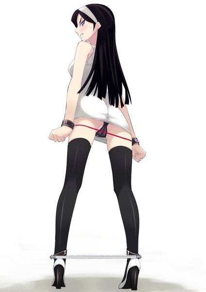 Anime picture 1061x1500 with seikimatsu occult gakuin kumashiro maya murakami suigun single long hair tall image blue eyes light erotic black hair simple background white background bare shoulders profile looking back from behind sweat bondage girl thighhighs dress