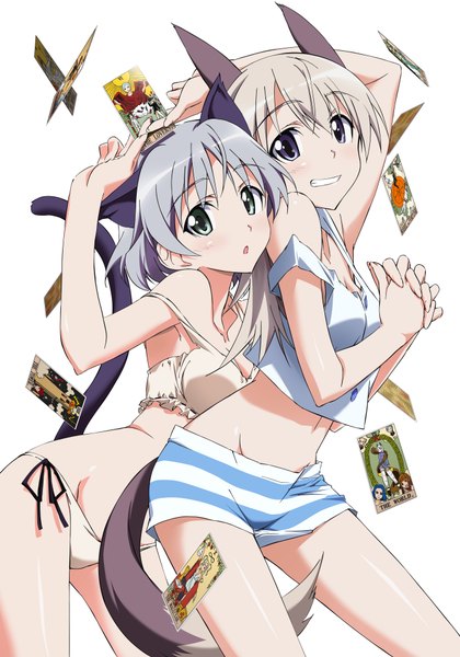 Anime picture 2800x4000 with strike witches sanya v. litvyak eila ilmatar juutilainen kurashima tomoyasu tall image highres short hair light erotic simple background blonde hair white background purple eyes bare shoulders multiple girls green eyes animal ears silver hair animal tail girl underwear