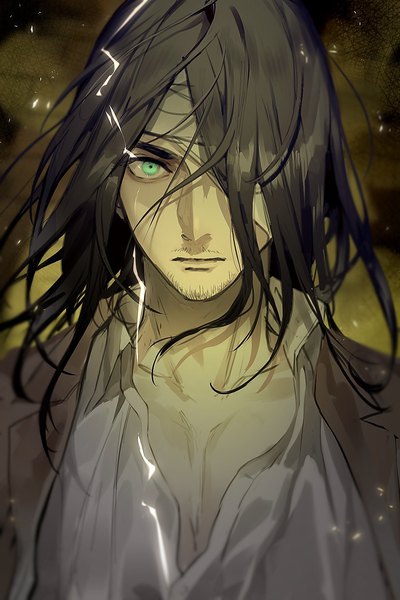 Anime picture 1200x1800 with shingeki no kyojin production i.g eren yaeger rilmok single long hair tall image looking at viewer black hair green eyes upper body serious spoilers bandage over one eye boy bandage (bandages)