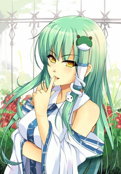 Anime picture 1056x1517 with touhou kochiya sanae single long hair tall image bare shoulders yellow eyes green hair finger to mouth girl hair ornament flower (flowers) detached sleeves hair tubes