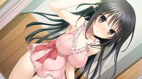 Anime picture 1280x720 with kiss ato natsume azusa mikoto akemi long hair looking at viewer blush breasts black hair wide image brown eyes game cg girl bow