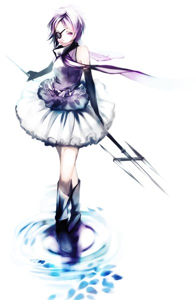 Anime picture 900x1371 with katekyou hitman reborn chrome dokuro lento (water) single tall image short hair simple background smile white background purple hair pink eyes wind crossed legs girl dress gloves black gloves elbow gloves scarf eyepatch