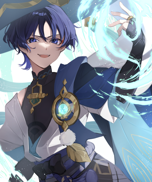 Anime picture 1750x2100 with genshin impact scaramouche (genshin impact) wanderer (genshin impact) naruka (ynarukay) single tall image looking at viewer highres short hair open mouth blue eyes blue hair upper body :d magic boy hat vision (genshin impact) jingasa