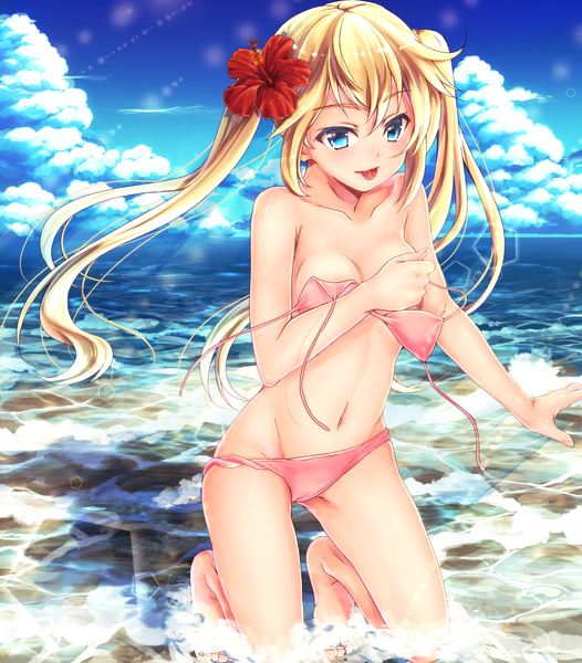 Anime picture 2100x2397 with original kyara36 single long hair tall image blush highres breasts blue eyes light erotic blonde hair twintails sky cloud (clouds) hair flower girl hair ornament flower (flowers) bow swimsuit