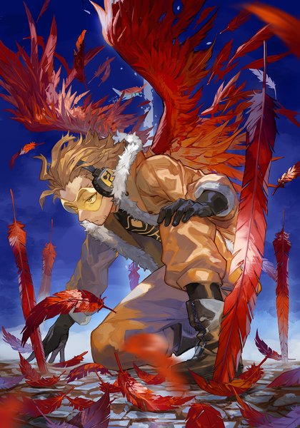 Anime picture 1400x2000 with boku no hero academia studio bones hawks (boku no hero academia) toujou bun single tall image short hair blonde hair signed yellow eyes looking away sky full body bent knee (knees) outdoors open jacket depth of field fur trim dated squat