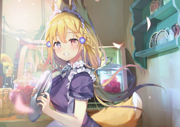 Anime picture 3035x2150 with virtual youtuber komori aina yushima single long hair looking at viewer blush fringe highres blonde hair smile red eyes purple eyes twintails holding animal ears absurdres upper body indoors tail