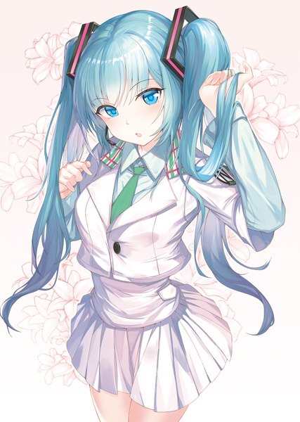 Anime picture 1264x1778 with vocaloid hatsune miku btraphen single long hair tall image looking at viewer blush fringe breasts open mouth simple background hair between eyes standing twintails payot long sleeves head tilt pleated skirt arm up