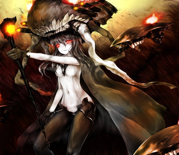 Anime picture 1900x1650 with kantai collection wo-class aircraft carrier shimo (depthbomb) single long hair highres black hair red eyes covered navel glowing glowing eye (eyes) pale skin shinkaisei-kan girl gloves navel cape bodysuit staff monster