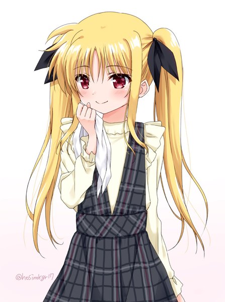 Anime picture 752x1009 with mahou shoujo lyrical nanoha fate testarossa hoshino kagari single long hair tall image blush simple background blonde hair smile red eyes twintails holding signed looking away twitter username gradient background plaid girl dress
