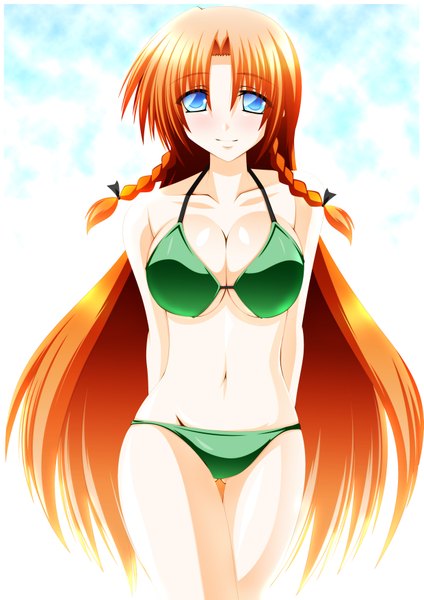 Anime picture 1240x1754 with touhou hong meiling engo (aquawatery) single long hair tall image breasts blue eyes light erotic simple background white background red hair braid (braids) twin braids girl navel swimsuit bikini