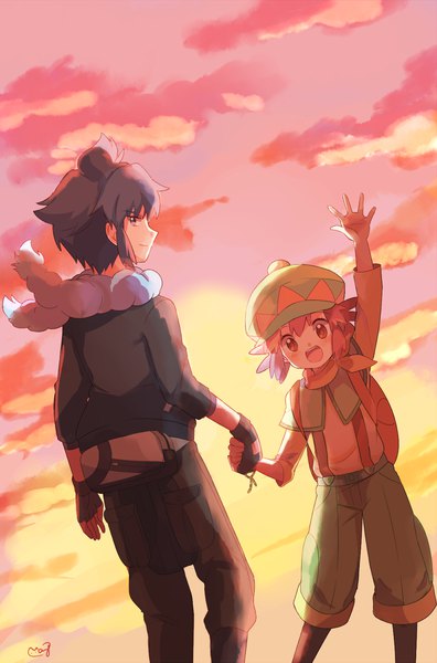 Anime picture 990x1500 with pokemon pokemon xy nintendo alain (pokemon) manon (pokemon) mei (maysroom) tall image looking at viewer short hair open mouth black hair brown hair brown eyes signed sky cloud (clouds) profile black eyes holding hands evening