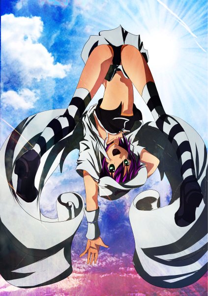 Anime picture 3414x4838 with yumekui merry merry nightmare reny chan (mn025) single tall image looking at viewer highres short hair open mouth light erotic green eyes absurdres sky purple hair cloud (clouds) from above sunlight happy girl thighhighs