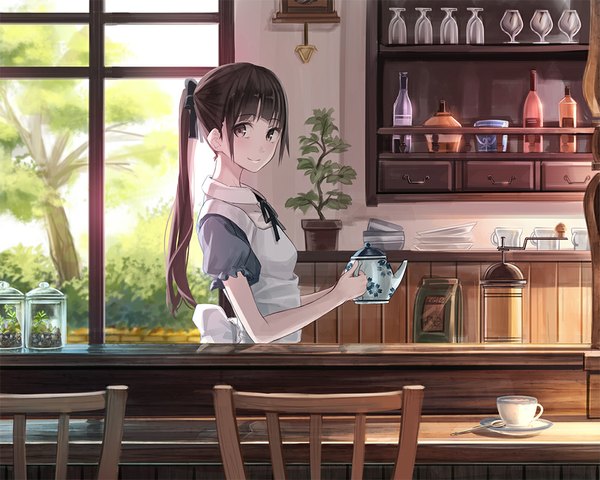 Anime picture 1000x800 with original yasuno (airy light) single long hair looking at viewer holding brown eyes ponytail light smile girl dress ribbon (ribbons) plant (plants) hair ribbon window apron chair cup glass potted plant