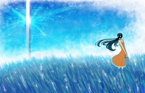 Anime picture 1200x768 with original bounin single long hair black hair twintails wind field girl bag sundress