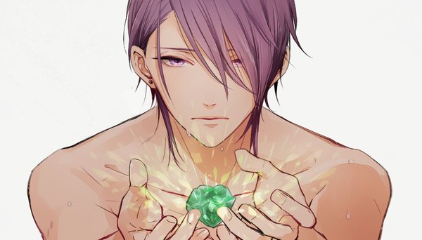 Anime picture 1000x570 with lucky dog giulio di bondone komichi96 single fringe short hair simple background wide image white background purple eyes purple hair upper body hair over one eye wet piercing ear piercing topless boy crystal