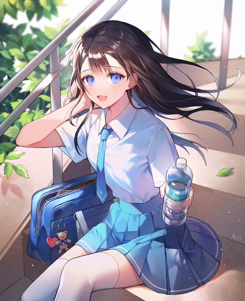Anime picture 2621x3208 with original azit (down) single long hair tall image looking at viewer fringe highres open mouth blue eyes black hair sitting signed :d wind girl thighhighs skirt uniform school uniform