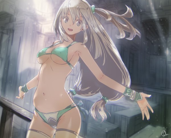 Anime picture 2881x2325 with original okuto single long hair looking at viewer fringe highres breasts open mouth light erotic smile hair between eyes standing twintails signed payot silver hair indoors :d one side up