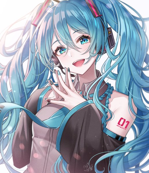 Anime picture 1683x1953 with vocaloid hatsune miku mairo (ilo) single long hair tall image looking at viewer blush fringe open mouth simple background smile hair between eyes white background twintails bare shoulders signed upper body nail polish head tilt