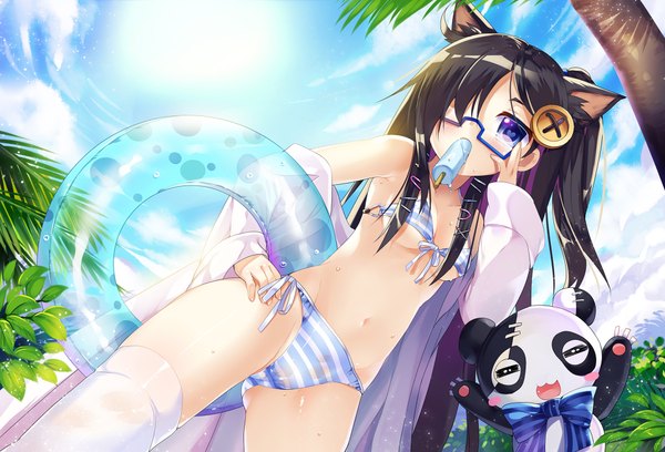 Anime picture 1920x1306 with original mvv single long hair fringe highres blue eyes light erotic blonde hair animal ears sky cloud (clouds) cat ears hair over one eye girl thighhighs swimsuit bikini white thighhighs glasses