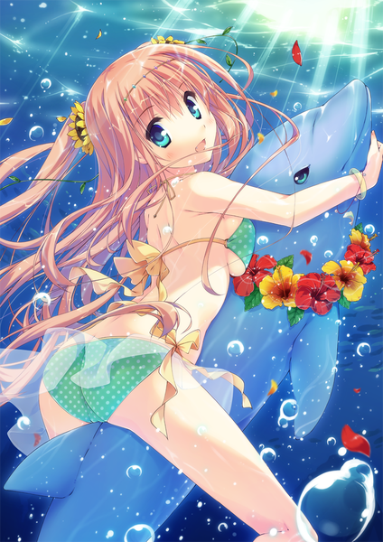 Anime picture 800x1131 with original moe2014 t-ray single long hair tall image looking at viewer blush open mouth blue eyes light erotic pink hair hair flower two side up underwater girl hair ornament flower (flowers) swimsuit animal