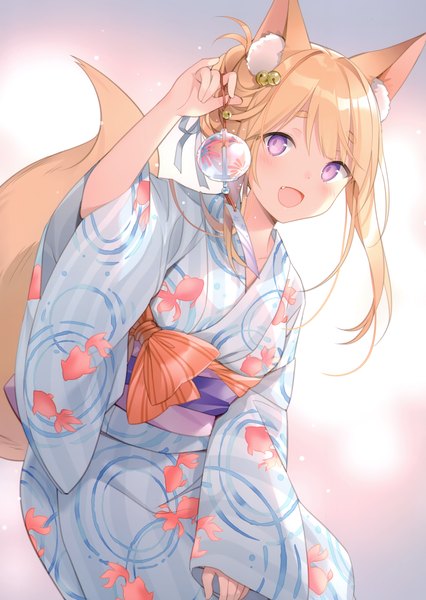 Anime picture 2431x3426 with original rie (reverie) single long hair tall image blush fringe highres open mouth simple background blonde hair smile standing purple eyes animal ears looking away tail traditional clothes :d japanese clothes