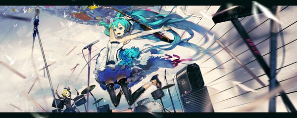 Anime picture 3758x1500 with vocaloid hatsune miku kagamine rin el-zheng long hair highres short hair blue eyes smile wide image bare shoulders multiple girls aqua hair zettai ryouiki jumping girl dress gloves flower (flowers) bow