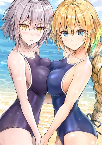 Anime picture 600x849 with fate (series) fate/grand order jeanne d'arc (fate) (all) jeanne d'arc alter (fate) jeanne d'arc (fate) kotatsu (kotatsu358) long hair tall image looking at viewer blush fringe short hair breasts blue eyes light erotic blonde hair hair between eyes standing bare shoulders multiple girls