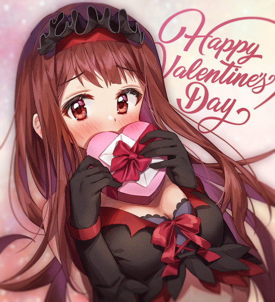 Anime picture 1091x1200 with idolmaster idolmaster million live! tanaka kotoha chobi (penguin paradise) single long hair tall image looking at viewer blush red eyes brown hair upper body embarrassed covered mouth valentine girl gloves black gloves elbow gloves gift